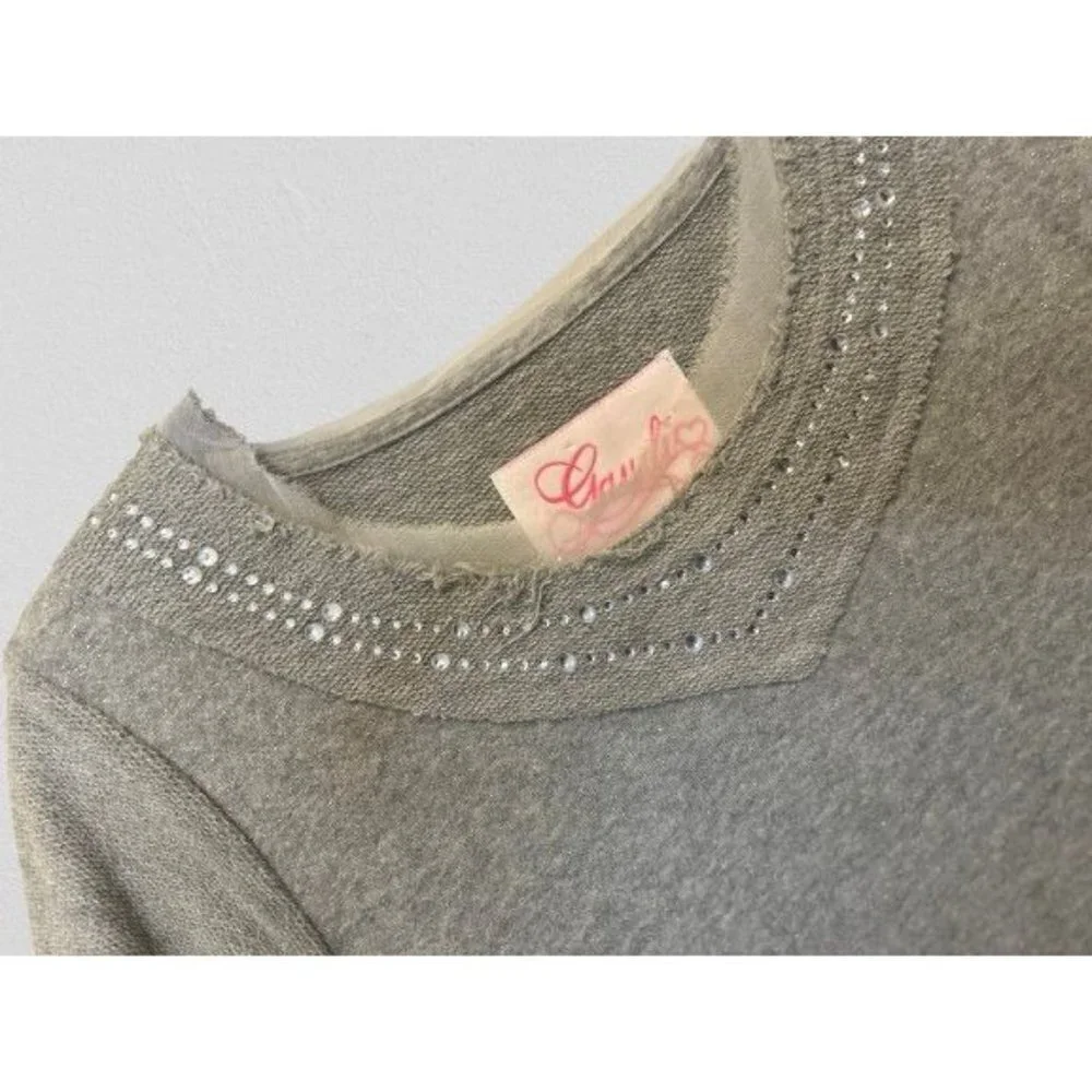 JAUDI Girls Dress Knitted Cotton Gray Crystals Crewneck Short Sleeve Size 14